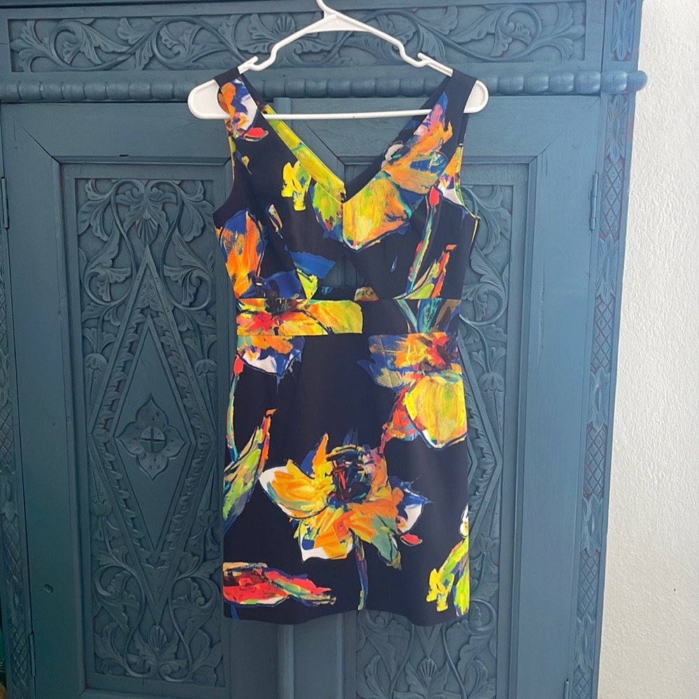 Milly cocktail dress - bright floral on black background - size 0